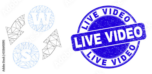 Web carcass alphabet characters exchange pictogram and Live Video seal stamp. Blue vector round distress seal with Live Video message.
