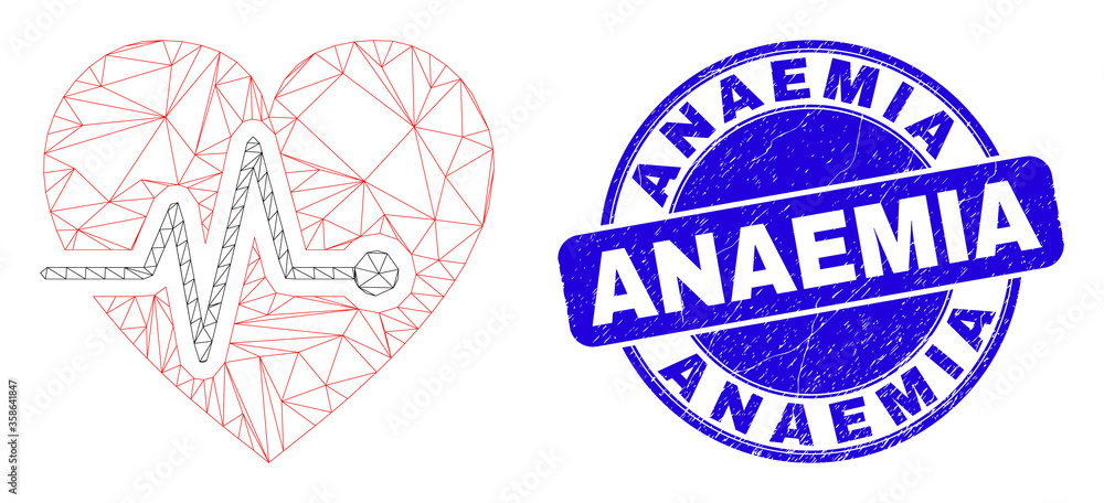 Web mesh heart pulse pictogram and Anaemia seal stamp. Blue vector round scratched seal with Anaemia text. Abstract carcass mesh polygonal model created from heart pulse pictogram.