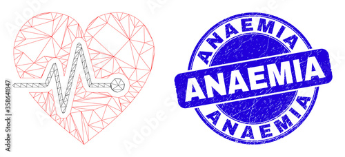 Web mesh heart pulse pictogram and Anaemia seal stamp. Blue vector round scratched seal with Anaemia text. Abstract carcass mesh polygonal model created from heart pulse pictogram.