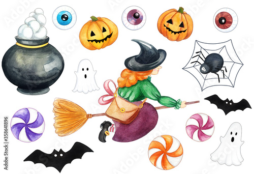 Halloween party colorful icons. Big watercolor halloween set of cute illustrations. Hand drawn holiday scary elements isolated on white background. Funny pumpkins, spooky face, sweets, bat and witch