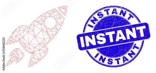 Web mesh space rocket icon and Instant seal stamp. Blue vector round scratched seal stamp with Instant title. Abstract carcass mesh polygonal model created from space rocket icon.