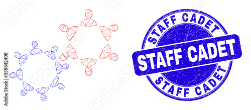 Web mesh user collaboration pictogram and Staff Cadet stamp. Blue vector round scratched stamp with Staff Cadet text. Abstract frame mesh polygonal model created from user collaboration pictogram.