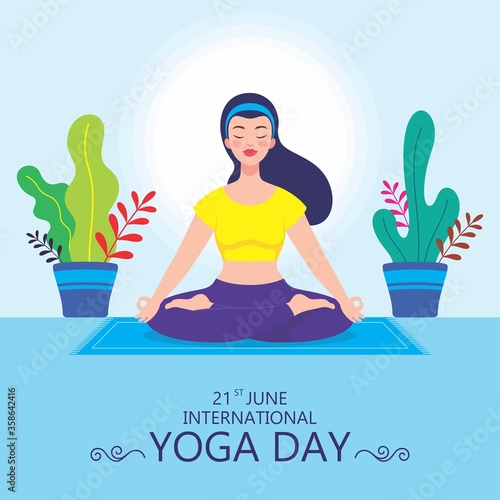 Woman meditating in lotus pose vector illustration. women doing padmasana yoga for International Yoga Day on 21st June. Indian traditional yoga exercise. colourful vector background.