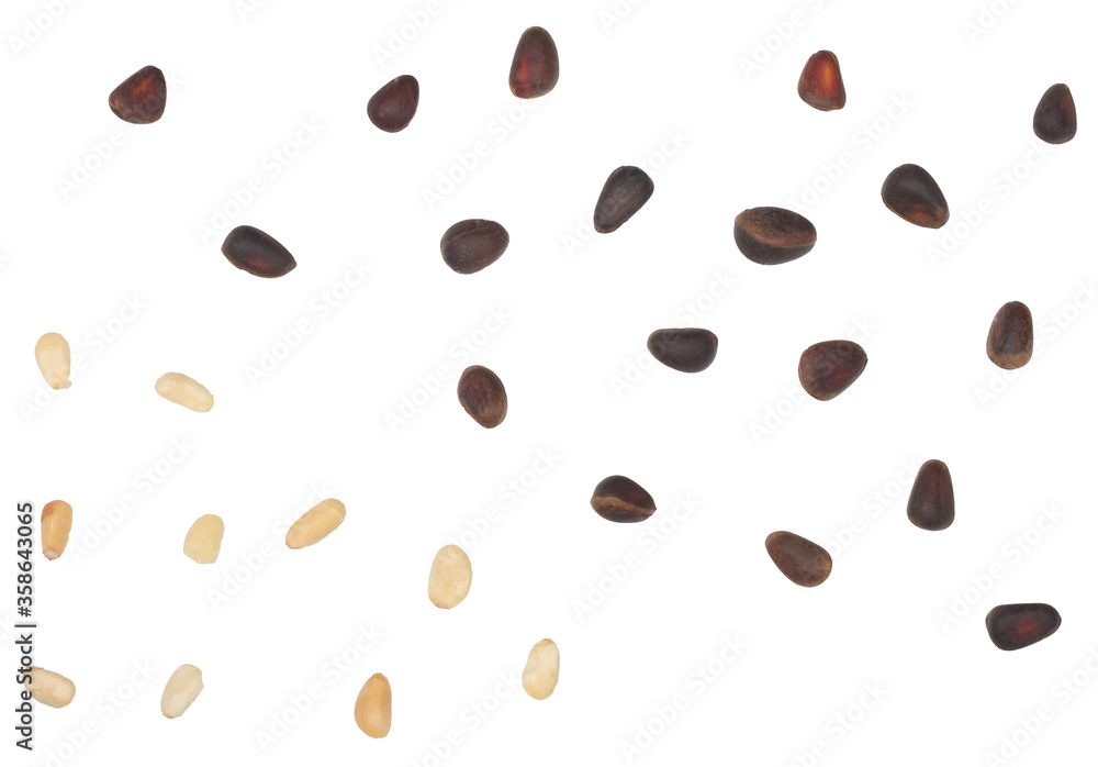Pine nuts isolated on a white background, top view Pine nuts isolated on a white background, top view