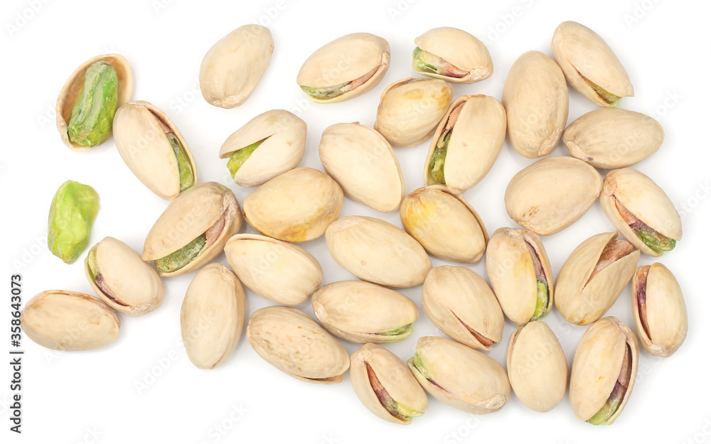 Pistachios isolated on a white background, top view