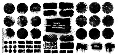 Black grunge post stamps, circles and rectangles. Blank shapes. Banners, insignias, logos, icons, labels and badges collection. Distress textures. Vector illustration. Isolated on white background.