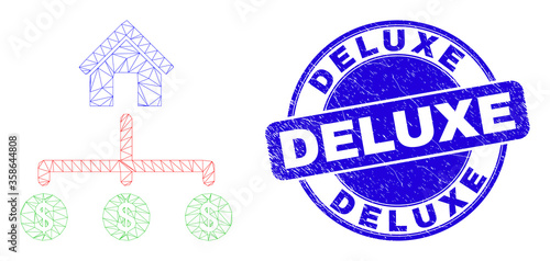 Web carcass bank dollar links icon and Deluxe stamp. Blue vector rounded grunge seal stamp with Deluxe text. Abstract carcass mesh polygonal model created from bank dollar links icon.