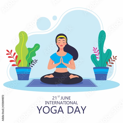 Young sporty woman doing Sukhasana yoga exercise. Woman meditating in lotus pose, relaxation exercise, Easy Seat pose.  21st June International yoga day special event. Vector illustration.