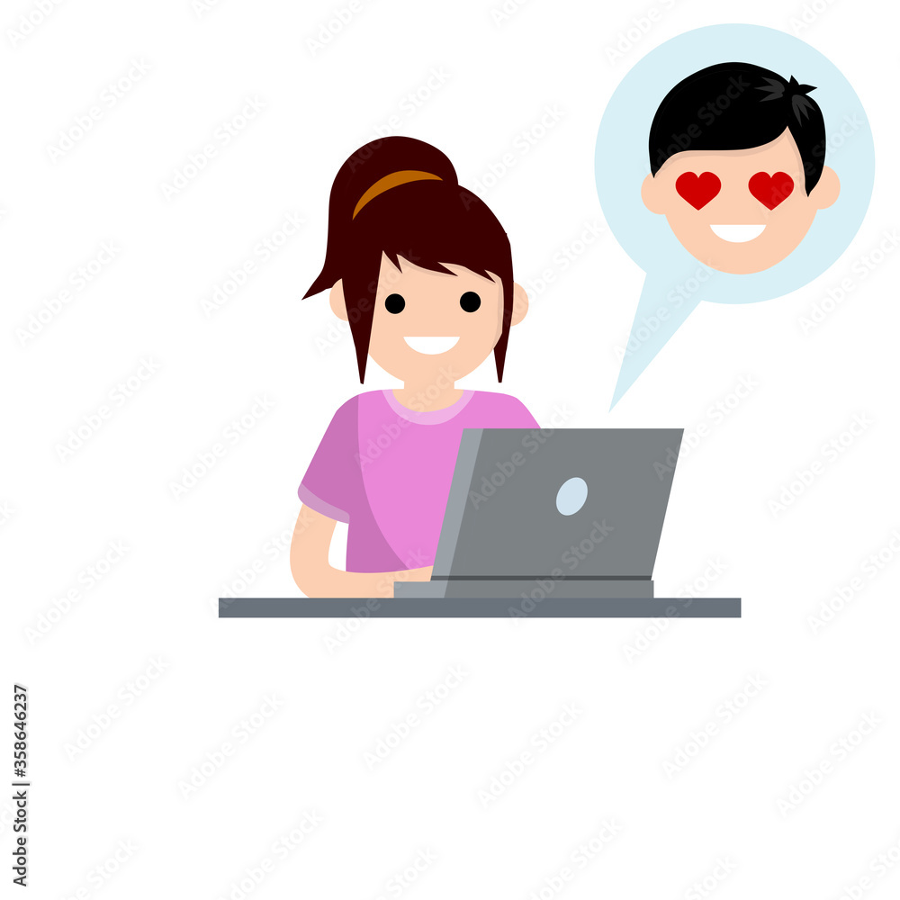 Woman in love sit at table with laptop. boyfriend and girlfriend email. Bubble with girl head. Romantic relationships on Internet. Cartoon flat illustration. Chat with woman. Heart on eyes Woman in love sit at table with laptop. boyfriend and girlfriend email. Bubble with girl head. Romantic relationships on Internet. Cartoon flat illustration. Chat with woman. Heart on eyes
