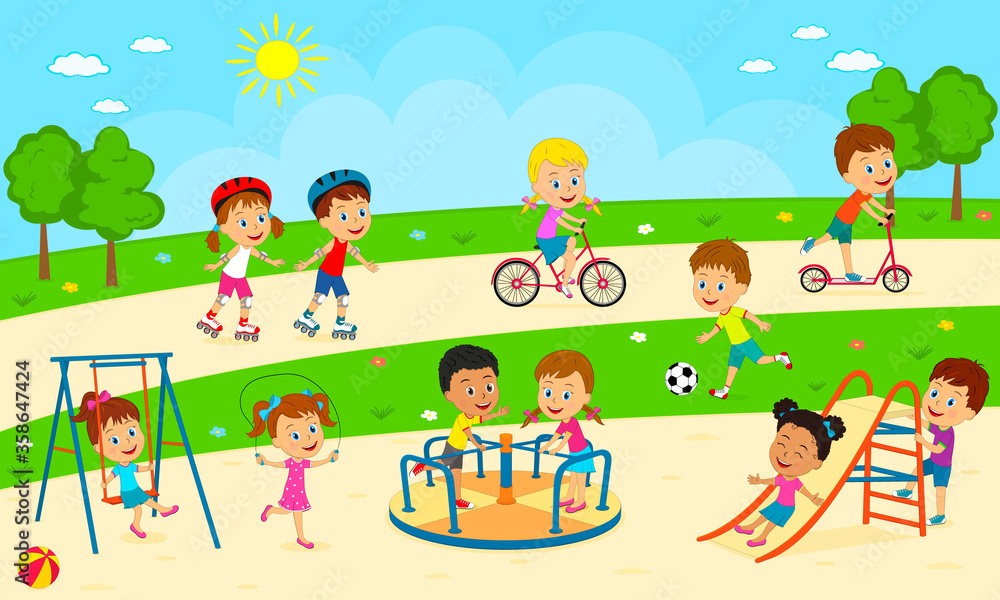 Naklejka premium kids, boys and girls play on the playground, illustration,vector