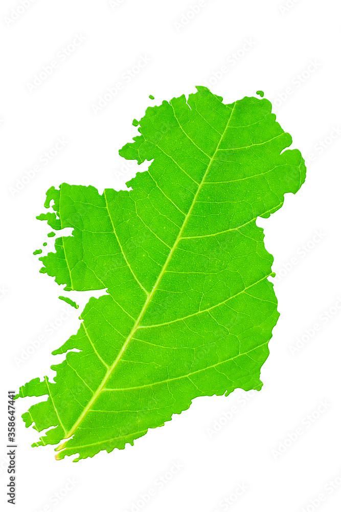 Map of Ireland in green leaf texture on a white isolated background. Ecology, climate concept. 3d illustration. Map of Ireland in green leaf texture on a white isolated background. Ecology, climate concept. 3d illustration.