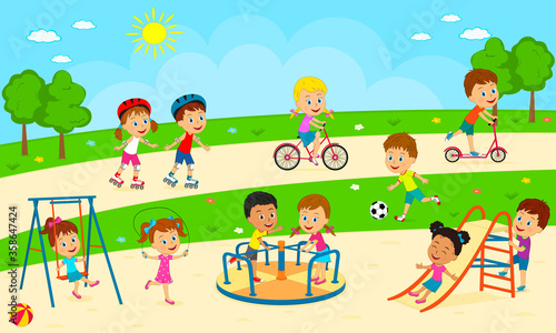 Fototapeta Naklejka Na Ścianę i Meble -  kids, boys and girls  play on the playground, illustration,vector