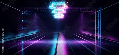 Sci Fi Neon Stage Futuristic Podium Construction Laser Frame Blue Purple Glowing Rectangle Reflective Concrete Garage Hallway Tunnel Corridor Cyber Retro Modern 3D Rendering