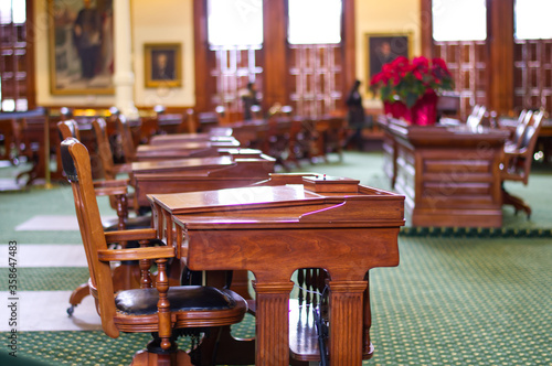 A beautiful wood desk of the Texas State Capitol