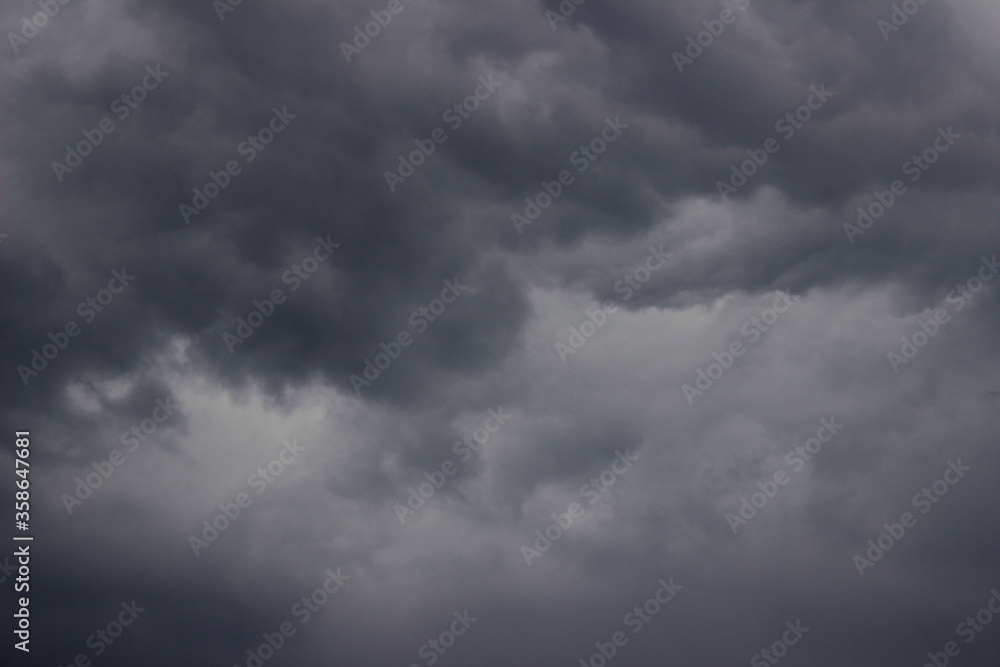 Blurry image of cloudy sky. Blue sky and dark clouds. Colorful nature background.
