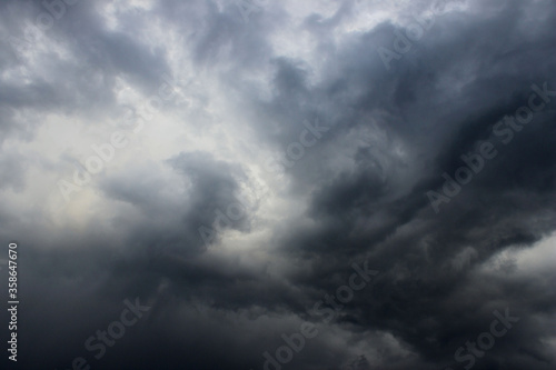 Blurry image of cloudy sky. Blue sky and dark clouds. Colorful nature background. 