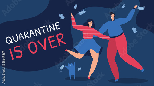 Vector illustration landing page banner. The coronavirus pandemic finished, quarantine is over. A couple with cat are happy that the covid epidemic lockdown end, tossing masks and gloves, celebrating