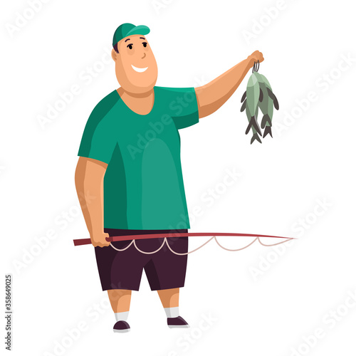 Young fat man with fish rod and fishes in his hands. Caught two fish. Fisher in hat. Successful fishing