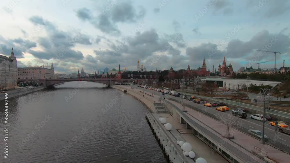 Timelapse Of Cars Driving Past Moskva River In Central Moscow, Russia. Timelapse Of Cars Driving Past Moskva River In Central Moscow, Russia.