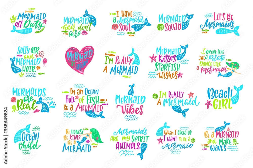 Set of mermaid cartoon vector illustrations. Summer inspirational lettering phrases. Set of mermaid cartoon vector illustrations. Summer inspirational lettering phrases.