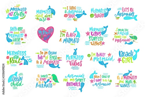 Set of mermaid cartoon vector illustrations. Summer inspirational lettering phrases.
