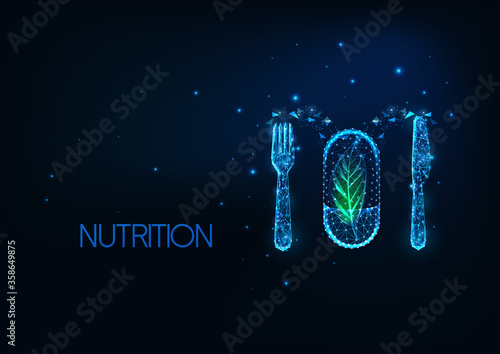Futuristic nutritious, vitamin rich dieting concept with glowing low polygonal capsule pill with green leaf and silvery