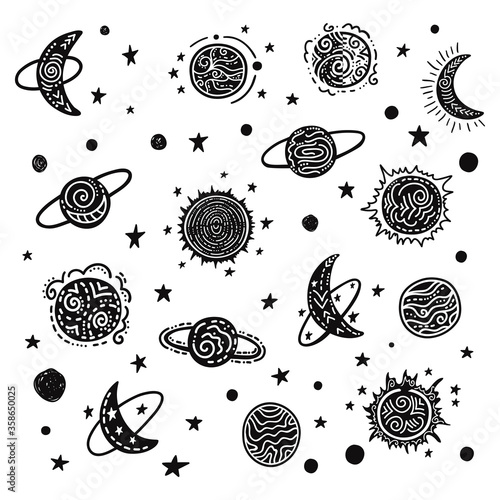 Collection of black and white doodle drawings on theme of cosmos