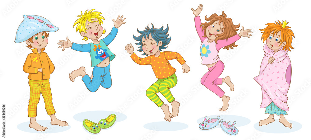 Pajama party. Cute happy kids in pajamas play and jump. In cartoon style. Isolated on white background. Vector illustration.