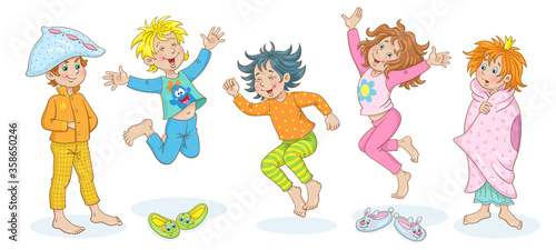 Pajama party. Cute happy kids in pajamas play and jump. In cartoon style. Isolated on white background. Vector illustration.