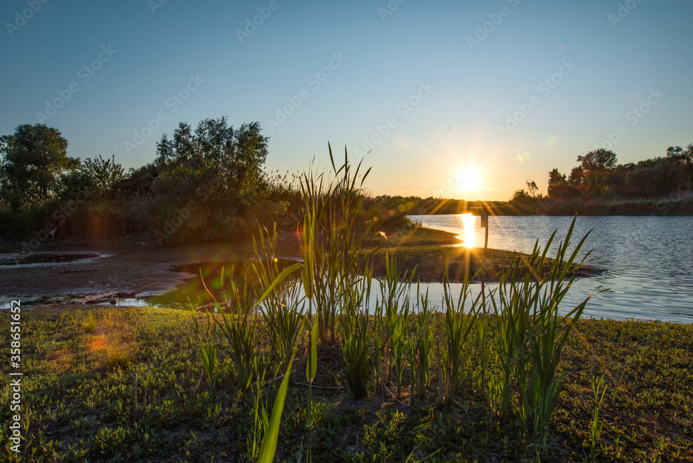 Naklejka premium Sunset with sunbeams on the river