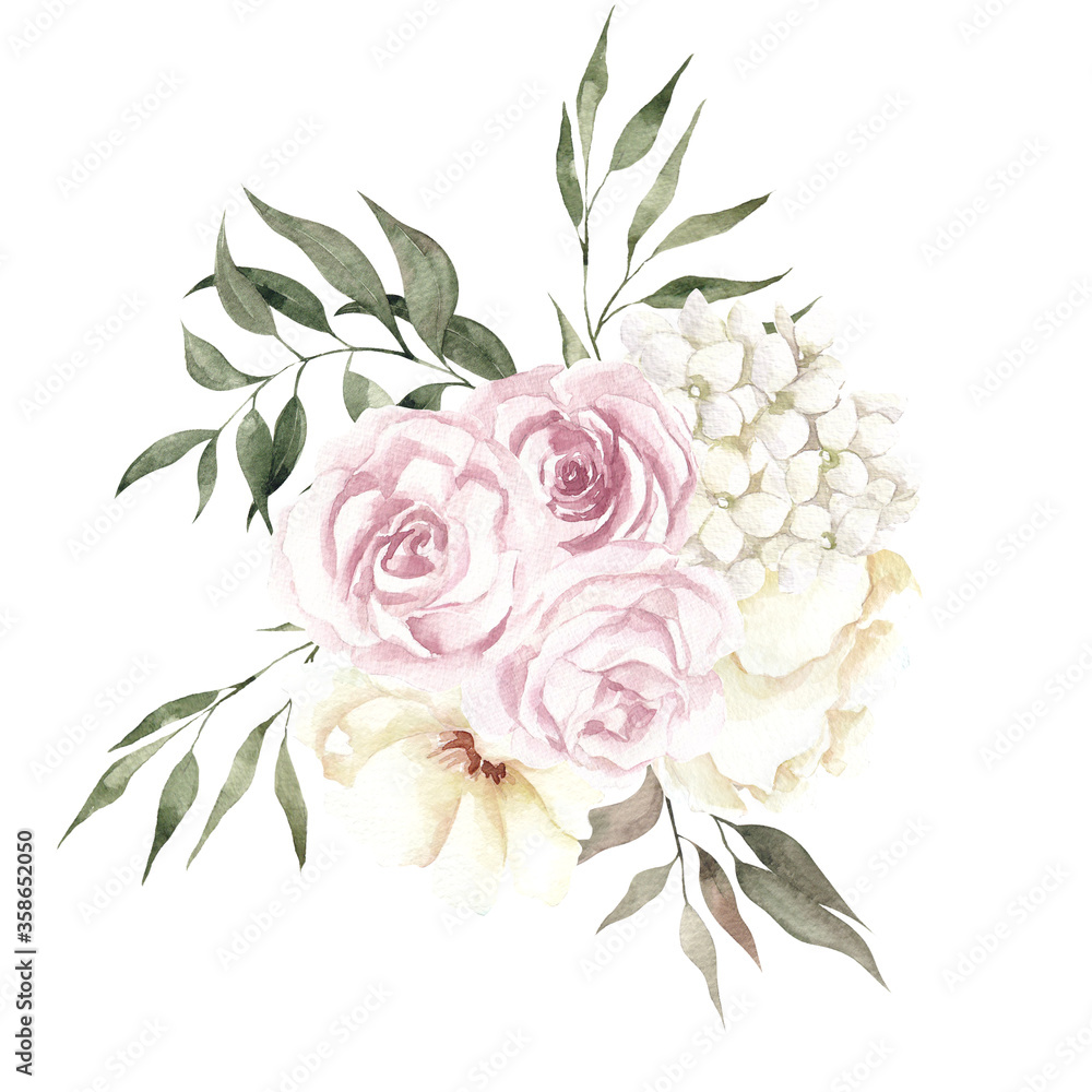 Watercolor illustration with white and pink flowers, isolated on white background Watercolor illustration with white and pink flowers, isolated on white background