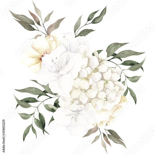 Watercolor illustration with white and pink flowers  isolated on white background