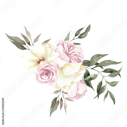 Watercolor illustration with white and pink flowers, isolated on white background