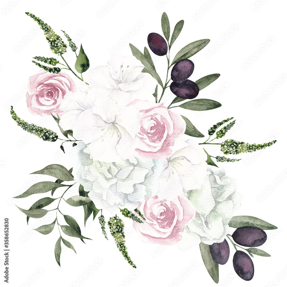 Watercolor bouquet with flowers, olives and leaves, isolated on white background