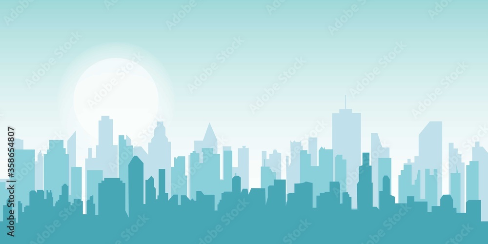 Flat cityscape. Vector illustration. Modern City Skyline, Daytime Panoramic Urban Landscape with Silhouette Buildings and Skyscraper Towers	