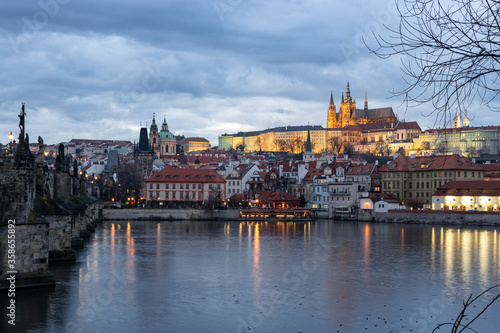 Prague castle night. Czech Republic famous travel old city. Traditional panoramic cityscape