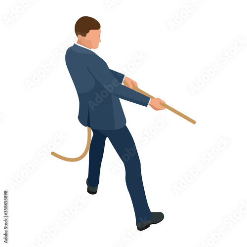 Isometric businessman isolated on write. Creating an office worker character, cartoon people. Business people. Businessman pulls the rope, Tug of war and symbol of rivalry.