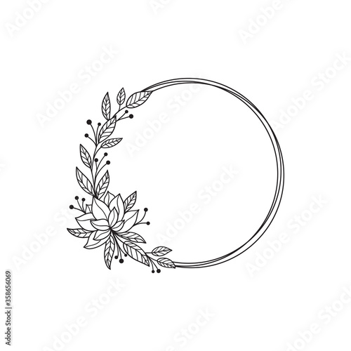 Hand drawn doodle flower wreath with magnolia. Sketch floral frame.