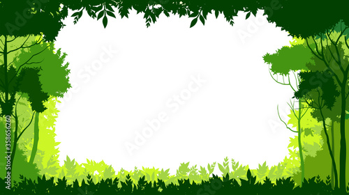 Trees plants frame. Vector illustration. Landscape. Background forest, branches, shrubs and grass. Scenery summer day.