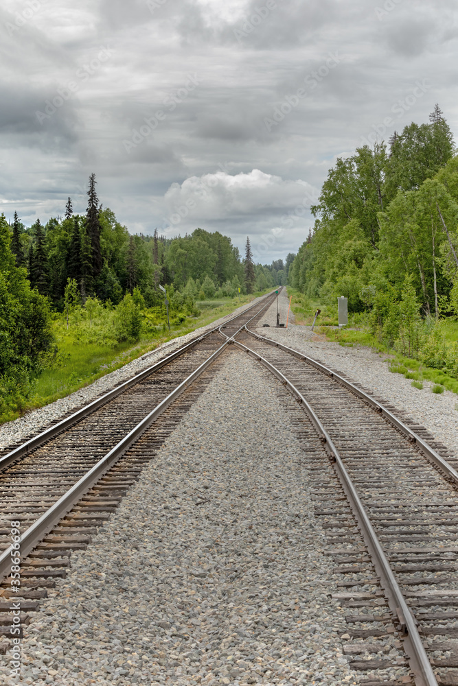 Two railtracks become one in the alaskan wilderness. Concept of merging together