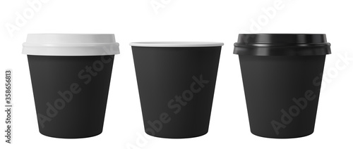 Black paper coffee cups with black and white lids. Open and closed small paper cup. Realistic vector mockup.