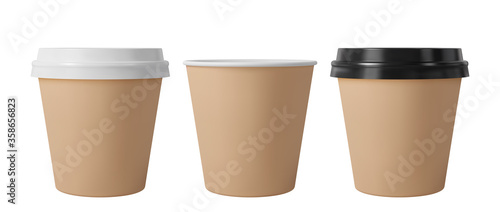 Brown paper coffee cups with black and white lids. Open and closed small paper cup. Realistic vector mockup. © Vitaly