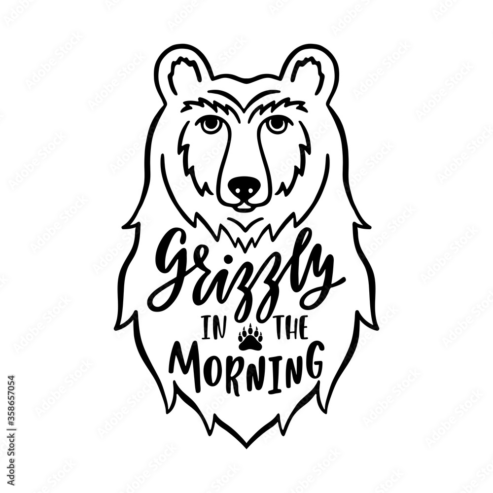 Bear head flat hand drawn illustration with quote - Grizzly in the morning. Cute cartoon animal character. Bear head flat hand drawn illustration with quote - Grizzly in the morning. Cute cartoon animal character.