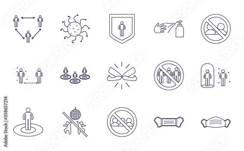 Social distancing line style icon set vector design