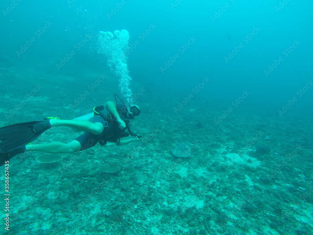 Plongeur sous marin aux îles Gili, Indonésie Plongeur sous marin aux îles Gili, Indonésie