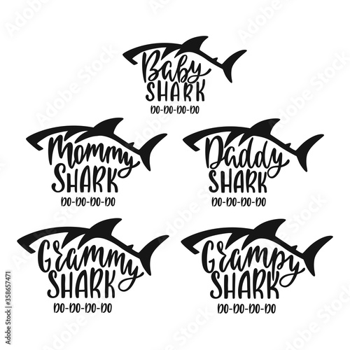 Grammy, grampy, mommy, daddy, baby sharks. Hand drawn typography phrases with shark silhouettes. Family collection.