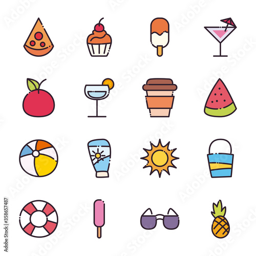Summer fill and line style icon set vector design