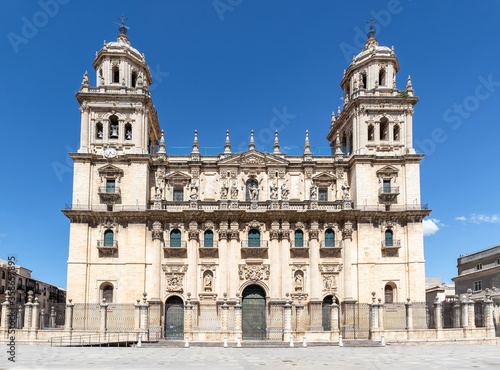 The historic cathedral in Jaen, Spain. View of main facade of Saint Mary square (plaza de Santa Maria)