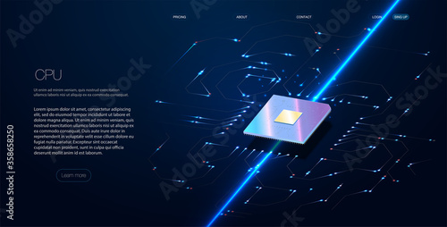Quantum computer, large data processing, database concept.CPU isometric banner. Central Computer Processors CPU concept.Digital chip Futuristic microchip processor with lights on the blue background.