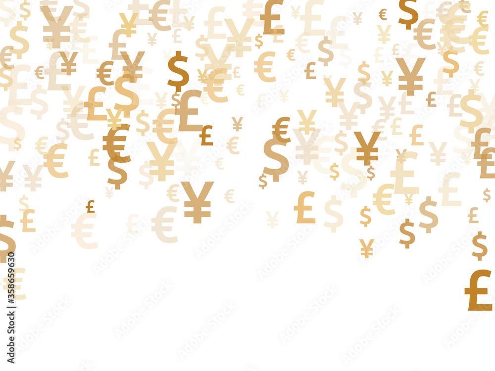 Euro dollar pound yen gold symbols flying currency vector illustration. Commerce backdrop. Currency Euro dollar pound yen gold symbols flying currency vector illustration. Commerce backdrop. Currency